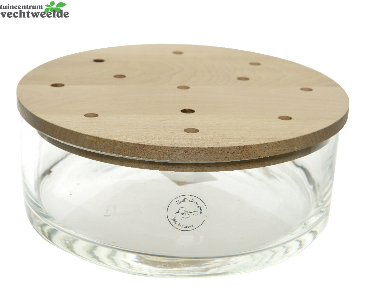  Kom Glas Hout Deksel D25h9cm Helder