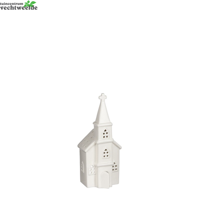  Theelichthdr Kerk L10b8.50h23cm Wit
