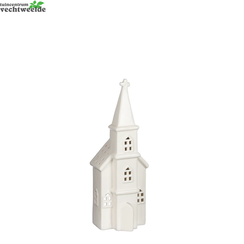  Theelichthdr Kerk L11b9h30cm Wit